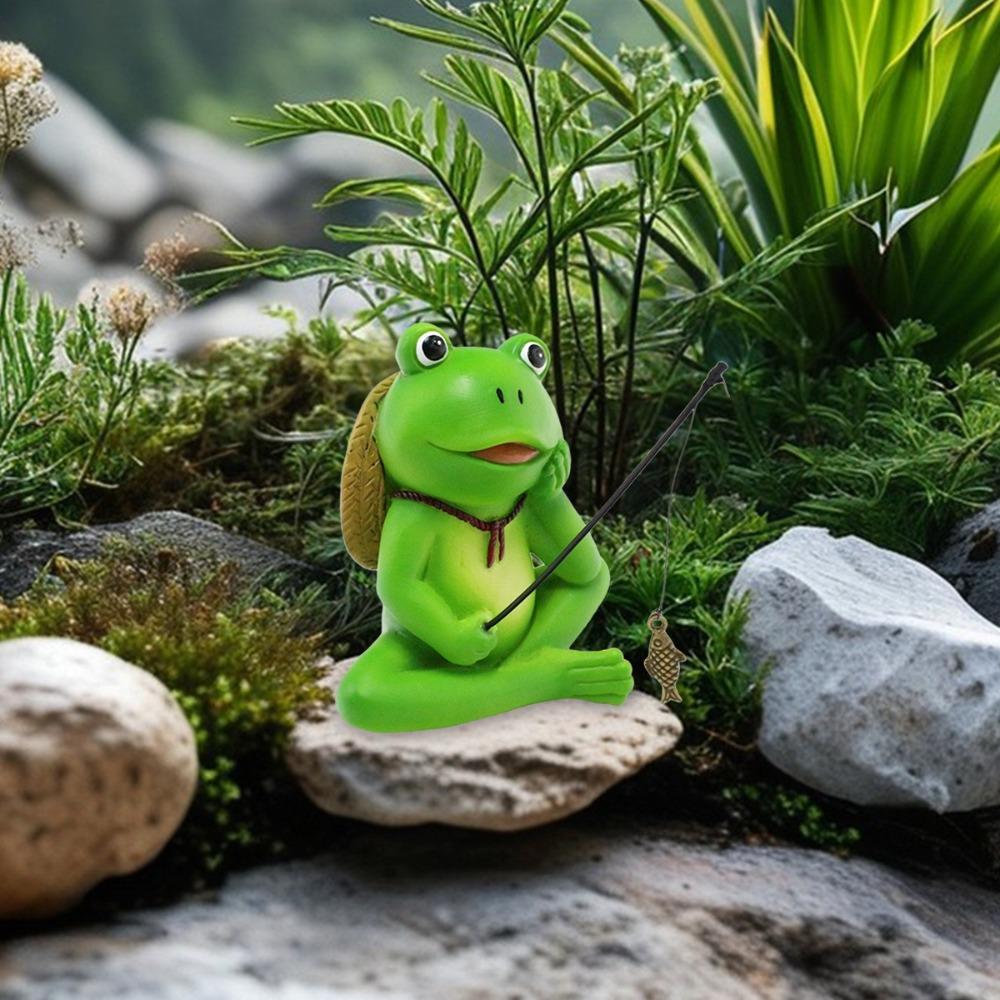 Cartoon Fishing Frog Figurine Green Animal Fishing Sculpture Outdoor Courtyard Pond
