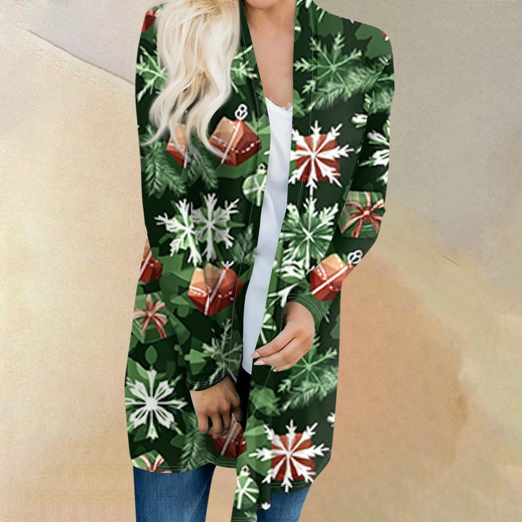 Женский модный и повседневный рождественский принтованный кардиган средней длины с длинными рукавами