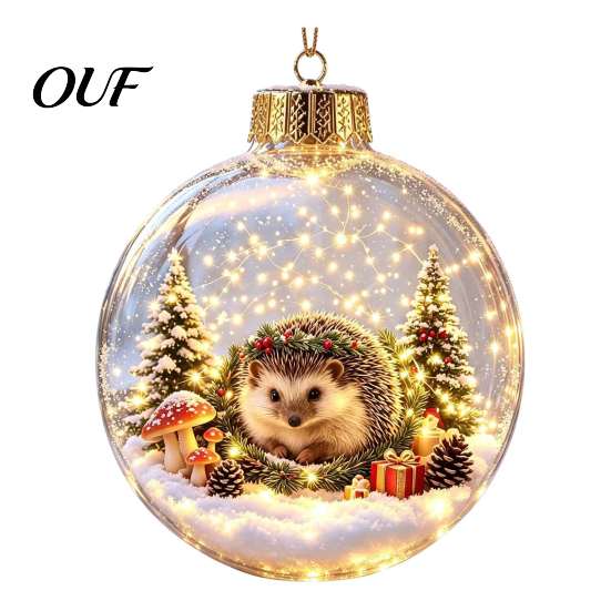 Winter Theme Party Supplies 3D Christmas Animal Faux Crystal Ball Ornament, Lighted Acrylic Hanging Decor Indoor Accents with Hedgehog Penguin Panda,