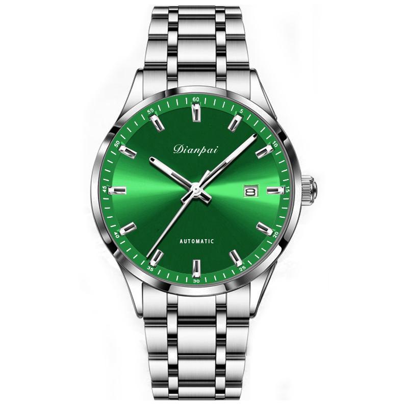 Dianpai Men's Fully Automatic Mechanical Watch Stainless Steel Calendar Men's Night Light Waterproof Business Green Face Watch