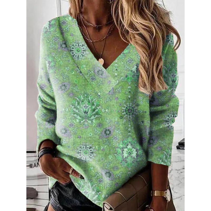2023 Autumn/Winter Plus Size V-Neck Loose Fit Printed Sweatshirt for Women