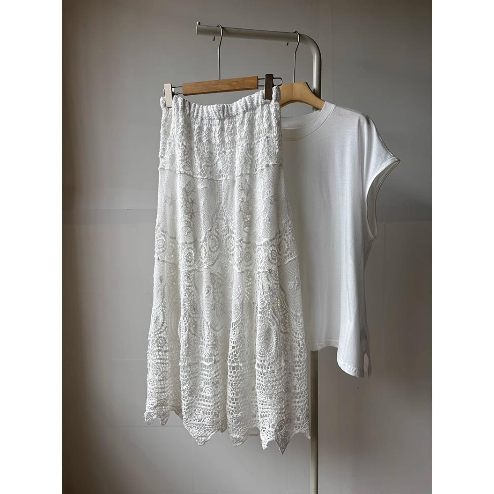 Dimanaf 2025 Новая праздничная юбка женская вязаная кружевная длинная однотонная ажурная сексуальная ажурная летняя стильная базовая юбка