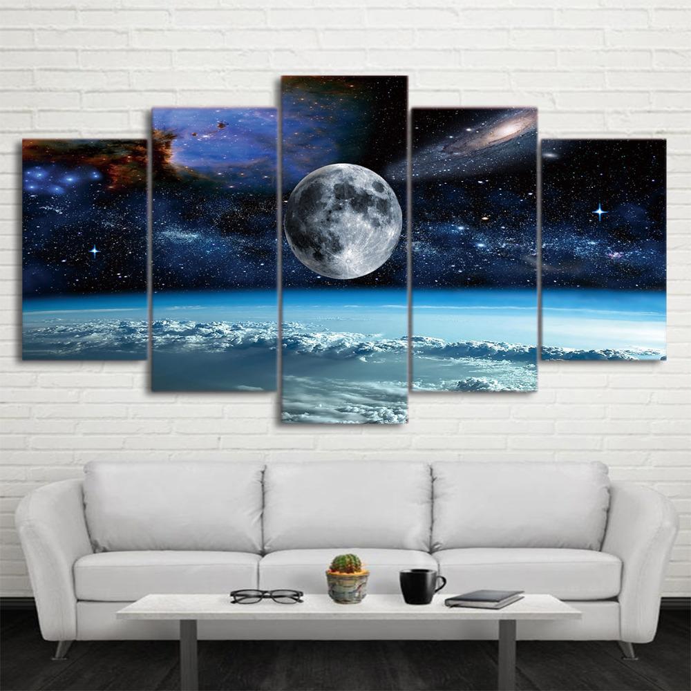 Wall Art Canvas Painting 5 Pieces Space Universe Moon Stars Painting Modular Canvas Home Decor Poster For Living Room