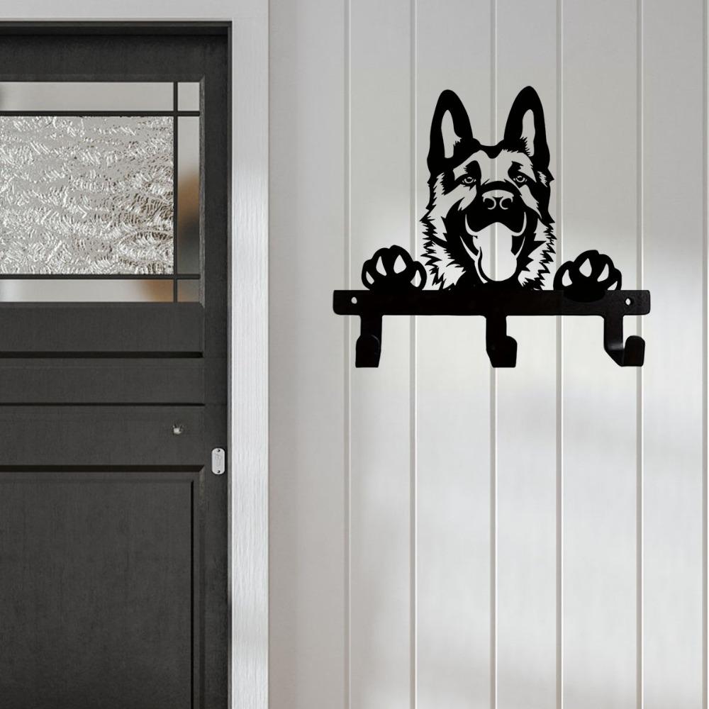 Настенный крючок с изображением немецкой овчарки, черная металлическая вешалка для ключей и поводка с 3 крючками, идеально подходит для кухни, ванной комнаты и спальни
