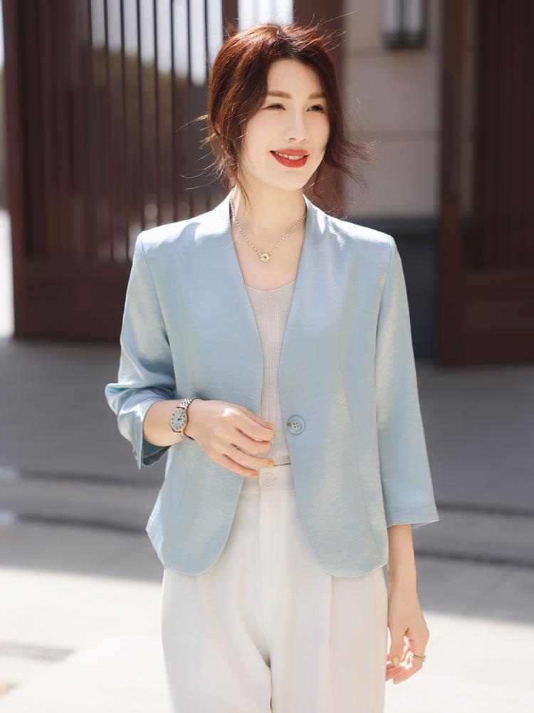 Приталенный блейзер с рукавом семь восьмых для миниатюрных женщин - Солнцезащитная куртка на весну/лето