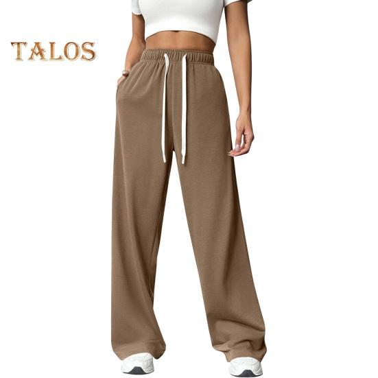 Женские брюки с эластичной высокой талией, регулируемые на шнурке, прямые широкие брюки с карманами, однотонные повседневные брюки