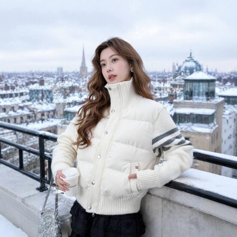 Womens Short Down Jacket Knit Stripe Patchwork 90 White Duck DownWomens
