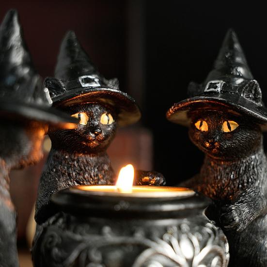 Подсвечник в виде черного кота, смоляной подсвечник в виде кошек на Хэллоуин с ведьмиными шляпами, винтажный подсвечник, настольное украшение, подарок для любителей кошек