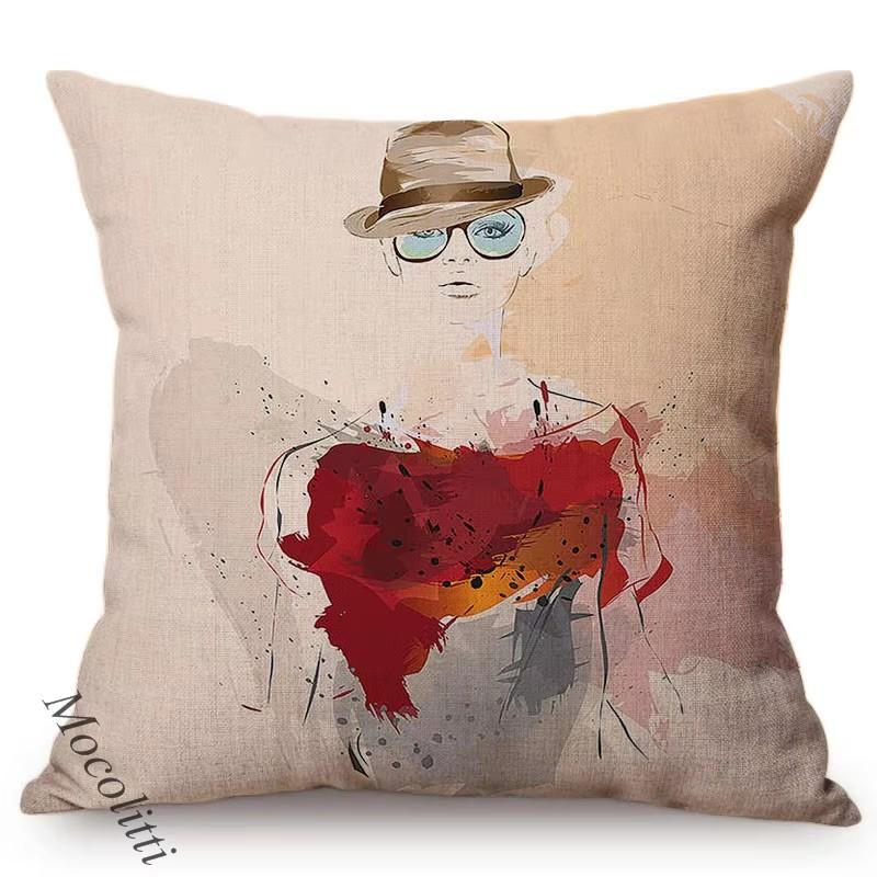 Fashion Woman Portrait Throw Pillow Case Pink Water Color Hand Painted Abstract Girl Decoration Square Cushion Cover Almofadas