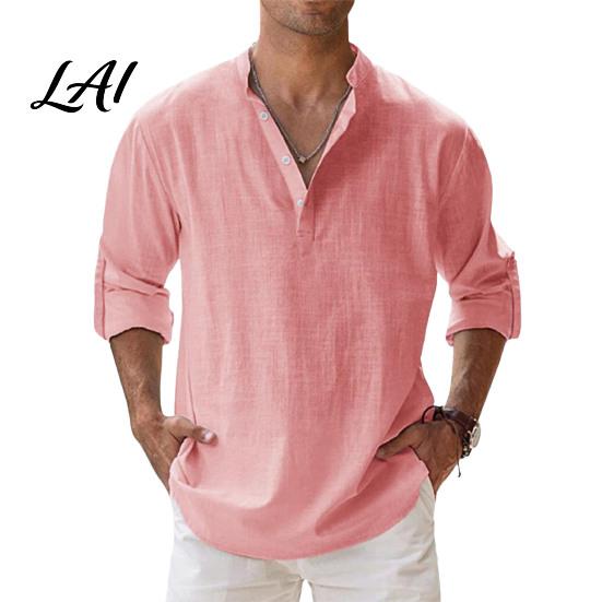 Comfortable Pullover Alternative Men Casual Shirt Tops Stand Collar Quarter Buttons Solid Color Breathable Tops for Summer Vacation Daily Wear