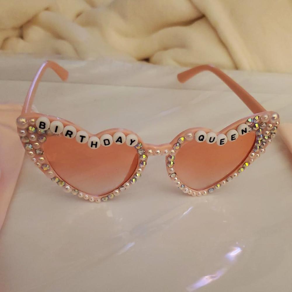 Birthday Queen Glasses Pink Heart Shaped Shiny Bling Diamond Pearl Sunglasses for Girl Happy Birthday Party Gift Accessories