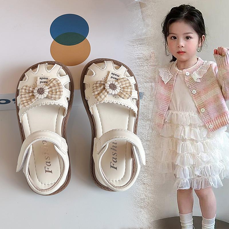 Girls' Toddler and Little Kids' Closed-Toe Sandals2026Summer Floral Girl's Plaid Bow Solid Color Hollow Sandals