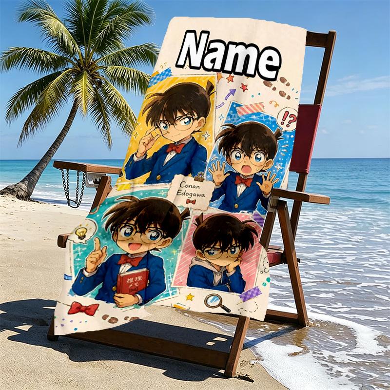 Custom Name Personalized Detective Conan Print Beach Towel, for Trip Camping Beach Party Home Decor, Birthday Gift for Family & Friends