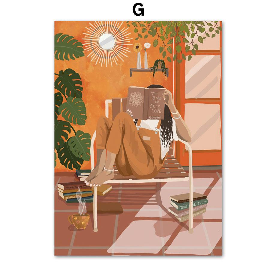 Абстрактная модная девушка, читающая йогу, отдых, пальмовый лист, скандинавский плакат, настенный художественный принт, холст, картина, Декор, фотографии для гостиной