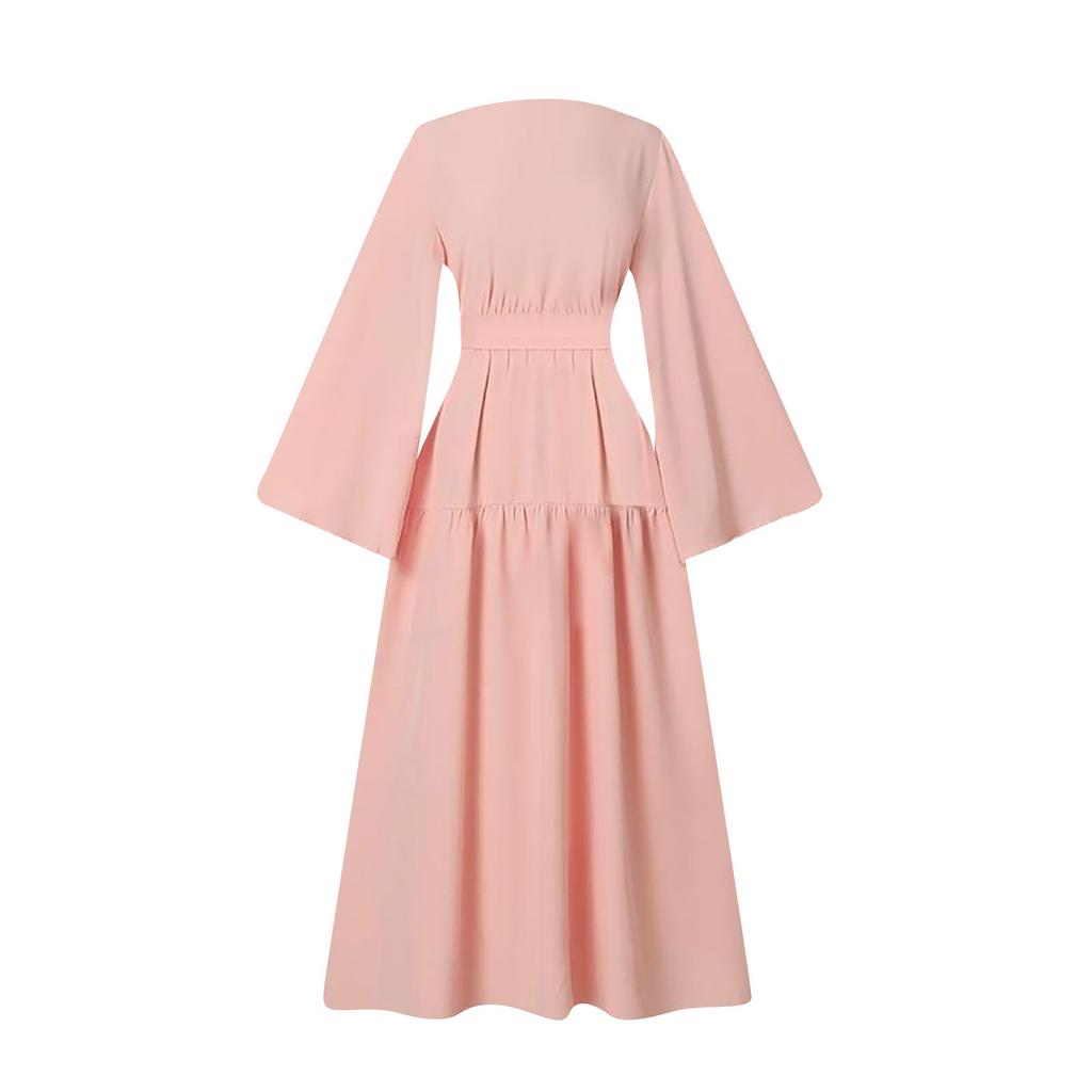 Мусульманские женские платья для отпуска с расклешенными рукавами и поясом на подоле, длинные