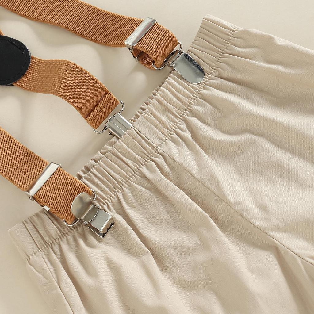 Baby Boys Summer Outfit Sets White Short Sleeve Letter Print Romper + Solid Color Suspender Shorts