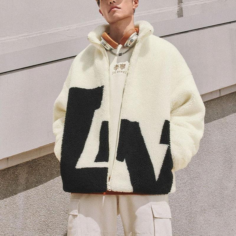 Li Ning Color Block теплая свободная короткая куртка из овечьего флиса унисекс куртка бумажно-белая AFDT947-1