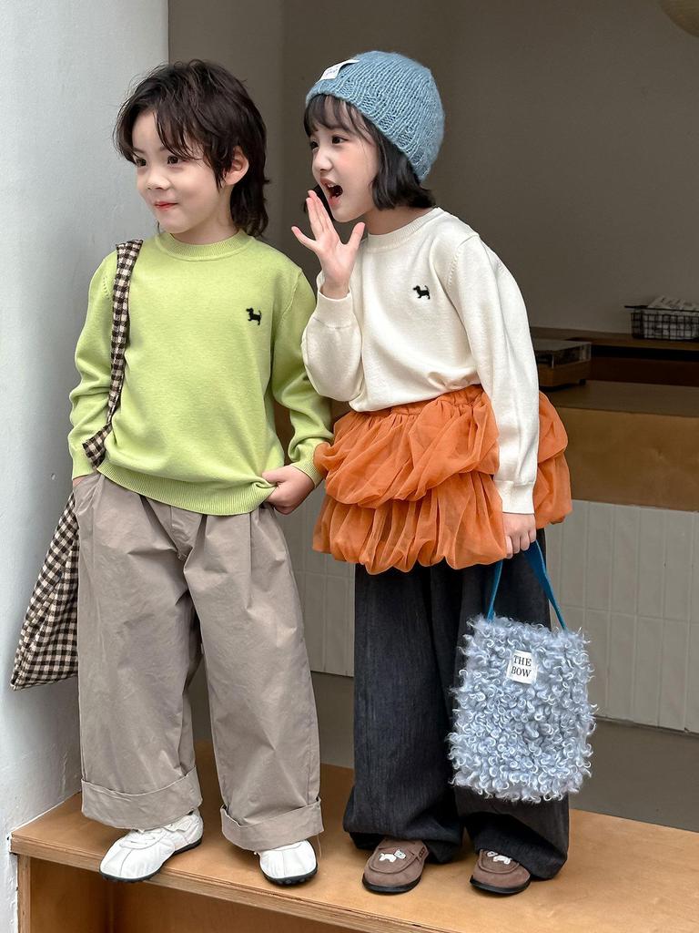 Детский вязаный свитер с круглым вырезом - Осень/Зима, Вышитый, Свободного кроя, Унисекс