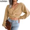 Women Casual Autumn V Neck Long Sleeve Twisted Cropped Sweaters Knitwear