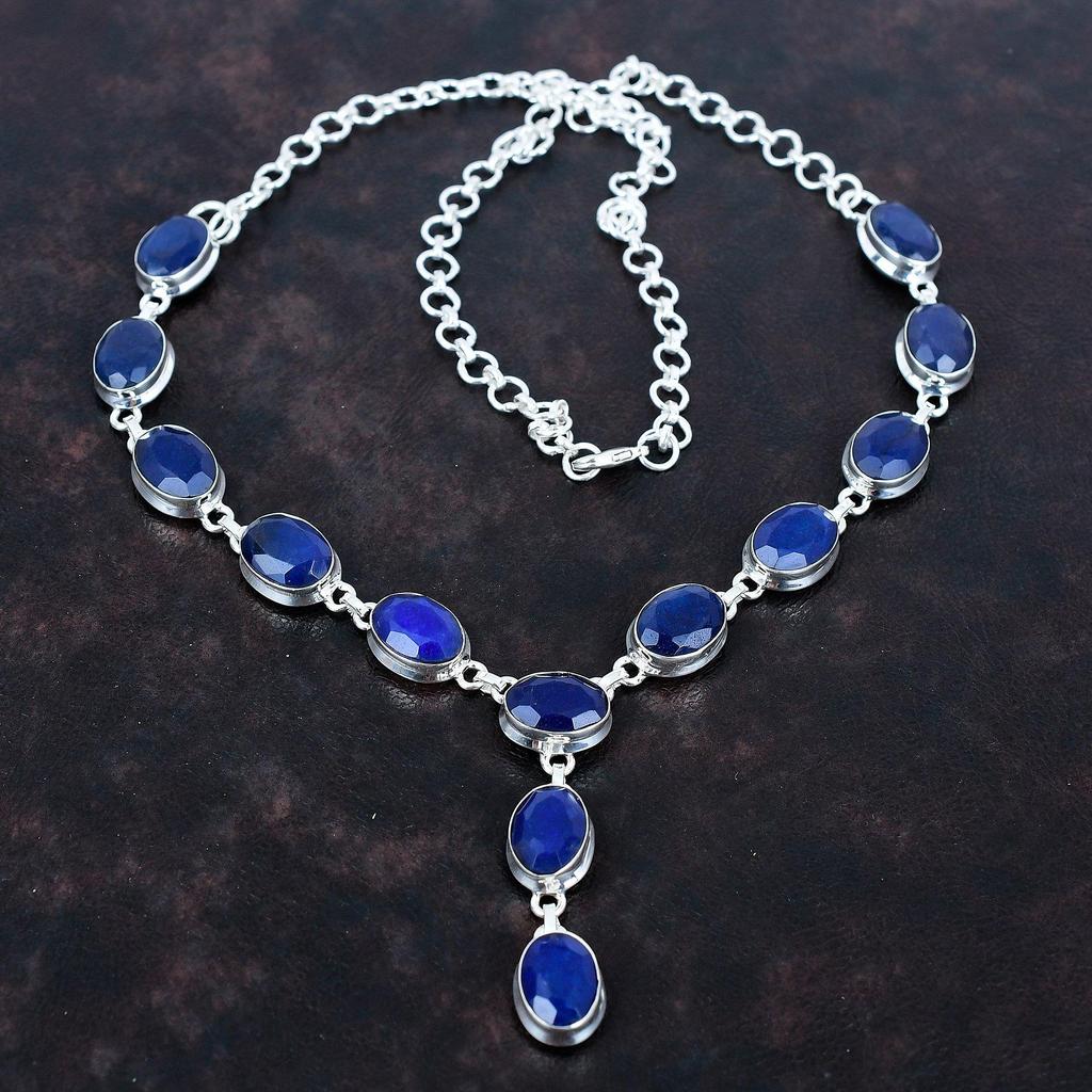 Ожерелье с граненым синим сапфиром, драгоценный камень, ручная работа, ожерелье с камнем, ювелирное украшение из стерлингового серебра 925 пробы, регулируемая цепочка, подарки для матери
