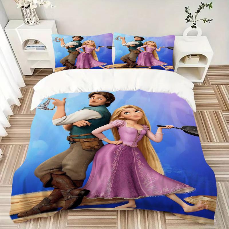 3pcs Tangled Rapunzel & Flynn Rider Printed Quilt Set - Includes 1 Quilt Cover and 2 Pillowcases, Machine Washable - Suitable for All Seasons.S09