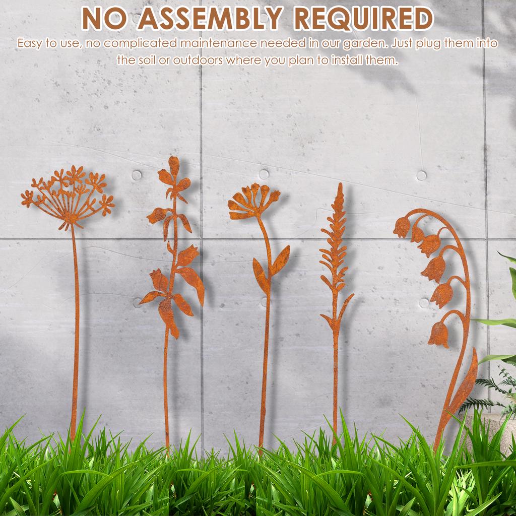 5Pcs Simulated Plants Metal Garden Stake Lawn Ornament Statues Vintage Iron Art Crafts Courtyard Garden Lawn Stake Decorations