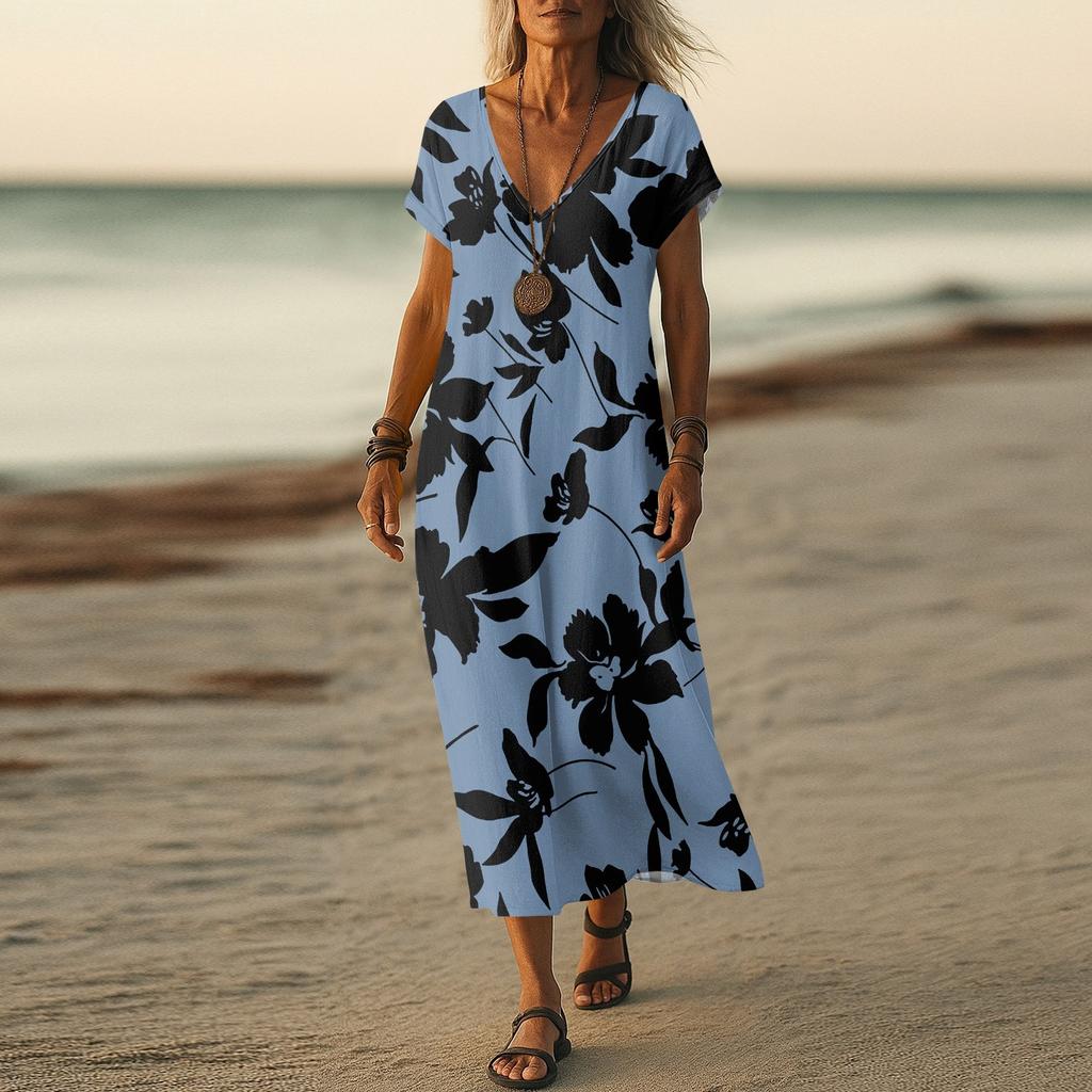 Летнее платье Женское длинное платье бохо для пляжа Элегантное платье макси V-образный вырез Короткий рукав Летнее платье-туника Легкое воздушное