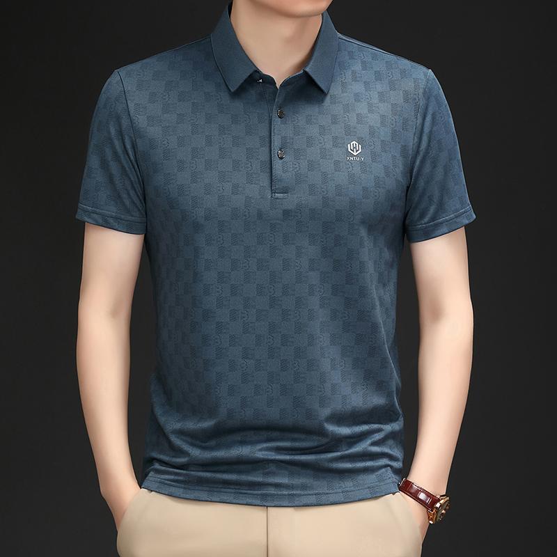 Summer Men's Plaid Printed Polo Shirt High-End Brand Business Leisure Seamless Short Sleeved Cool Lapel T-shirt Men's Clothing