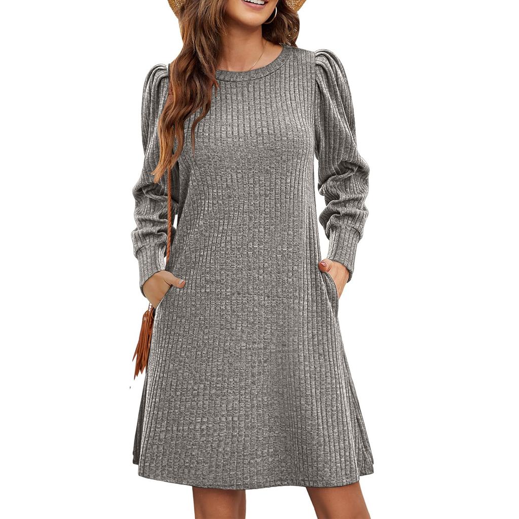 Женское платье-фонарик с длинным рукавом, повседневное, с круглым вырезом, длиной до колена, с карманами