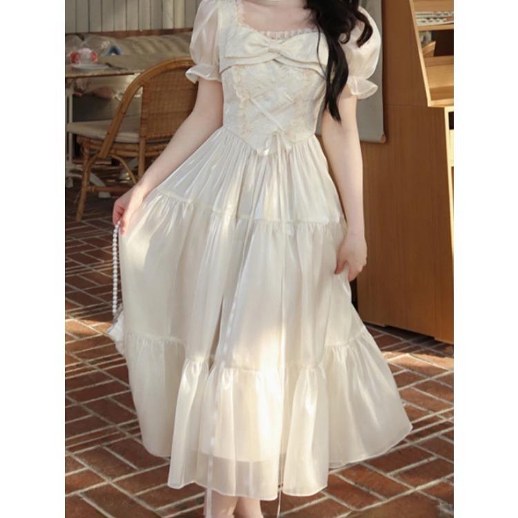 Элегантные женские платья с коротким рукавом, вечернее платье во французском стиле, тонкое повседневное однотонное платье с квадратным воротником и бантом, новое весенне-летнее платье