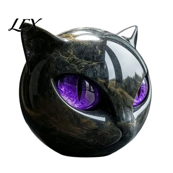 Retro Dark Home Accents Spherical Black Cat Head Ornament, Resin Gothic Style Sculpture with Colorful Figurine Eyes for Halloween Tabletop Decor
