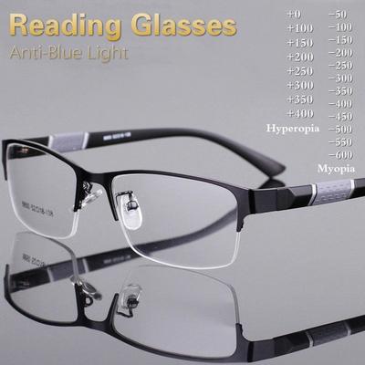 Очки для чтения с защитой от синего света, мужские ретро-металлические оправы, квадратные очки для студентов, очки для близорукости, мужская дальнозоркость 0 ~ + 4,0 / миопия -1,0 ~ -6,0