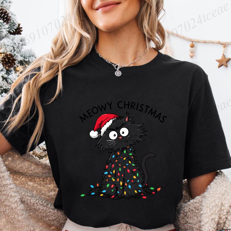 Women'S Casual Graphic T-Shirt - Meowy Christmas Print, Short Sleeve O Neck Top for Christmas Xmas T-Shirts Christmas Santa Tees