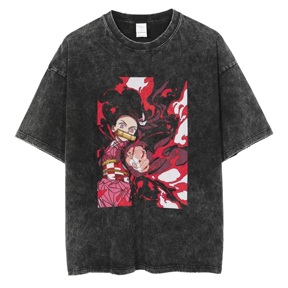 Anime Demon Slayer Tanjirou Nezuko Zenitsu Inosuke Cute Graphic Tshirt Men Women Washed Cotton T-shirts Harajuku Male Manga Tops