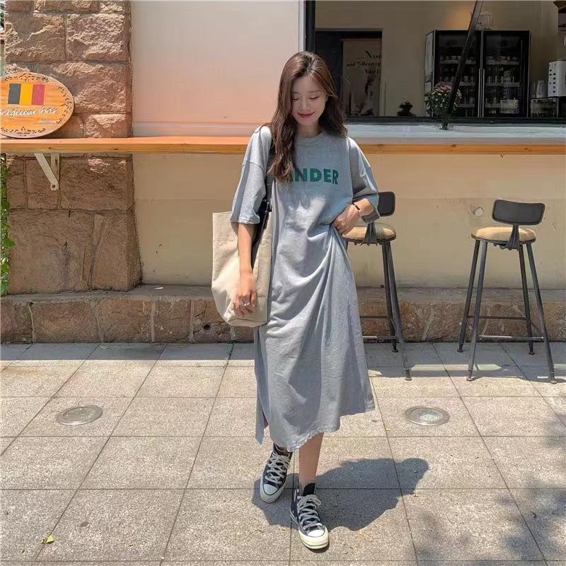 ins Korean short-sleeved dress women's summer new large size loose lazy style medium and long knee split t-shirt skirt
