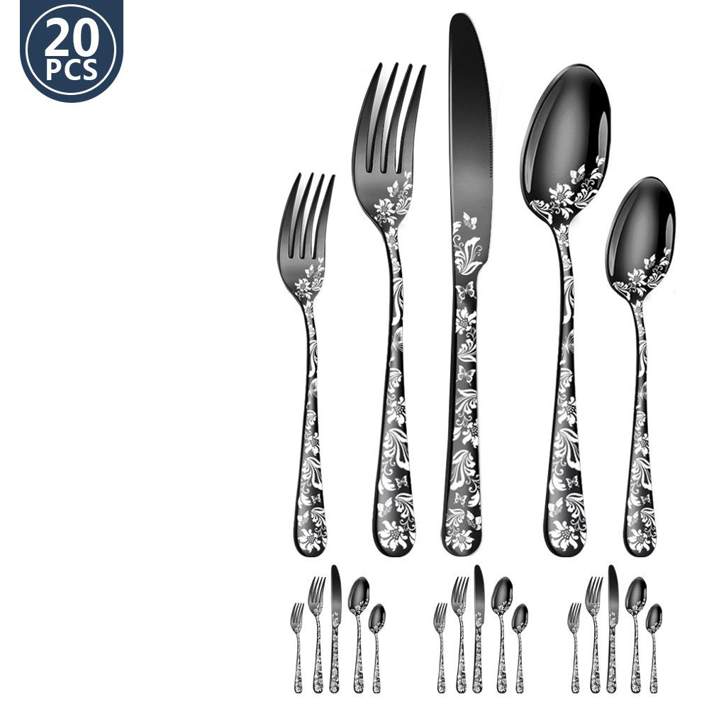 20 шт., набор столовых приборов из нержавеющей стали 410, черный, золотой, нож из нержавеющей стали, вилка, ложка, столовая посуда, набор столовых приборов, праздничная кухонная посуда, подарок