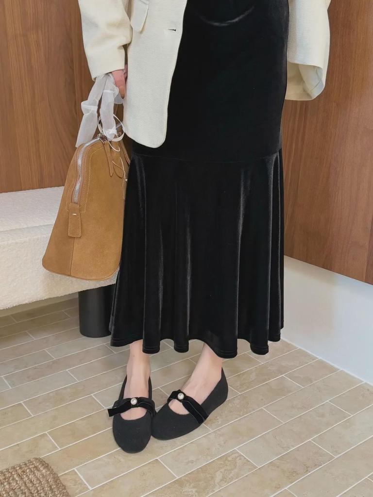 Женские бархатные туфли Мэри Джейн с круглым носком и бантом 2024 года выпуска