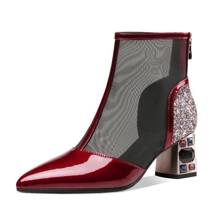 Новые сандалии в сетку для женщин на высоком каблуке, сапоги в сетку со стразами на толстом каблуке для женщин с полыми отверстиями, дышащая и универсальная мода