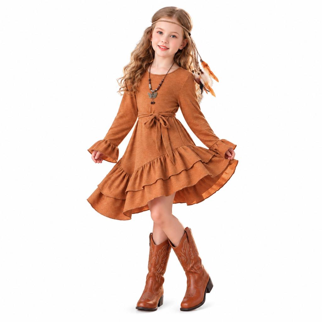Western Cowboy Party Hippie Denim Girl Long Sleeve Dress Ruffle Children's Clothing Carnival Performance Outfit