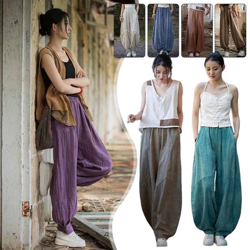 Women Vintage Ramie Cotton Linen Pants Elastic Waist Wide Leg Trousers Spring Summer Tie-dye Harem Pants Loose Bloomers