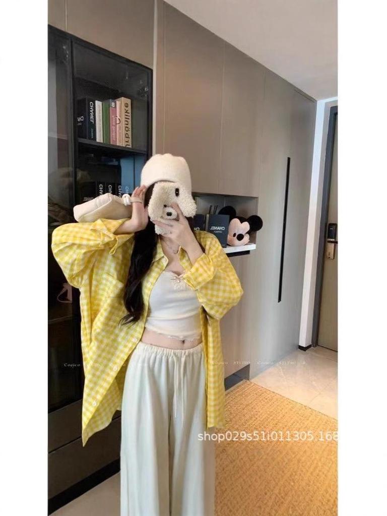 Корейская шикарная желтая клетчатая рубашка с защитой от солнца, свободная, повседневная, для женщин