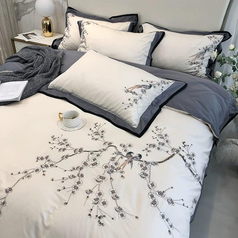 Luxury Embroidery 100S Bedding Set 100% Cotton Classical Wide Edge Duvet Cover 4PCS with Flat Sheet Pillowcases King Queen Size