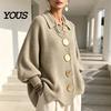 Lantern Sleeve Sweater Women Oversized Knit Cardigan Sweater, Collared Top with Large Metal Relaxed Fit Buttons, Loose Casual for Spring Autumn