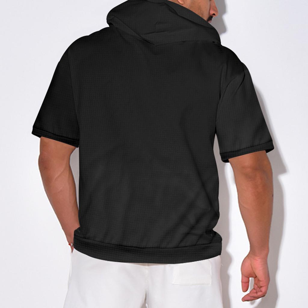 Men's Summer Fashion Sports Leisure Hooded Short Sleeve Top Solid Color Small Checkered Hoodie