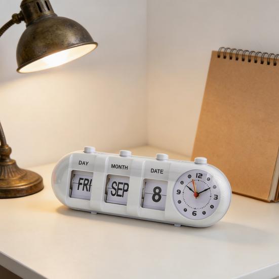 Вечный настольный календарь с часами Винтажный ручной перекидной календарь Цифровой будильник с отображением дня, месяца и даты для декора дома, офисного стола, полки