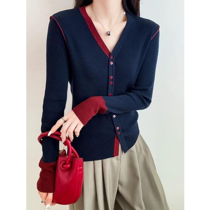 2025 весна осень корейский контрастный сращивание V-образный вырез длинный рукав вязаный свитер женский однобортный тонкий универсальный топ кардиган