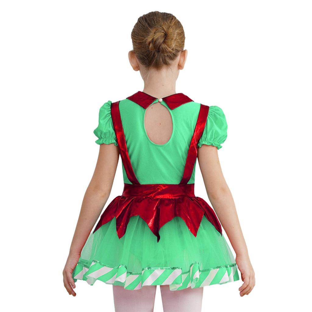 Girls Christmas Tutu Dress Puff Sleeve Hollow Back Bow Stripes Design Suspender Jumpsuit Dance Leotard