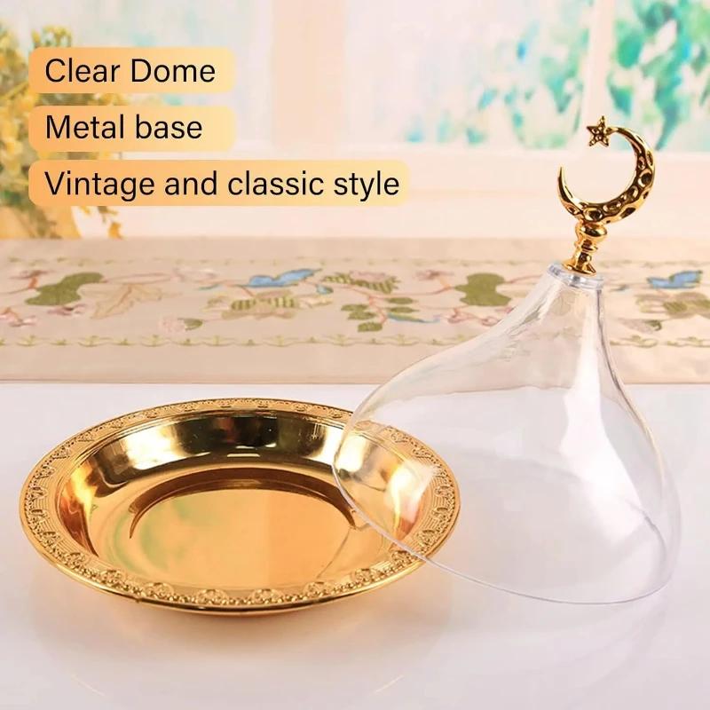 Metal Ramadan Tray with Clear Dome Acrylic Lid Mini Cake Candy Tray Reusable Dessert Tray Round Food Storage Organizer for Nuts
