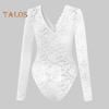 Women Bodysuit Flower Embroidery Lace Elastic Deep V Neck See-through Long Sleeve Solid Color Slim Fit Soft Breathable Spring Playsuit