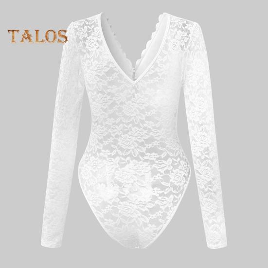 Women Bodysuit Flower Embroidery Lace Elastic Deep V Neck See-through Long Sleeve Solid Color Slim Fit Soft Breathable Spring Playsuit